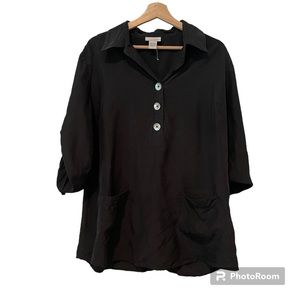 Soft Surroundings 100% Silk Blouse Black Button Size M Lightweight Popover